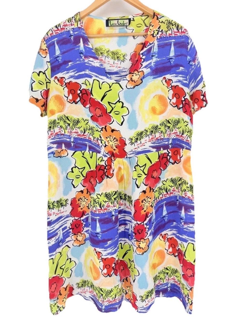 Loco Lindo Vintage Beach Dress Tropical Hawaiian Sunset Resort Vacation Retro